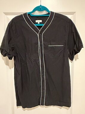 Reiss Black Short-Sleeve Button-Front Shirt with White Piping